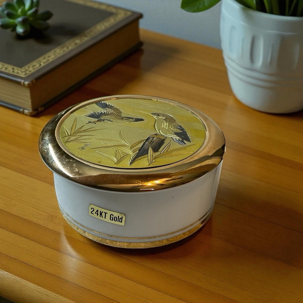 Art of Chokin 24k Gold Trim Porcelain Keepsake Trinket Box Fish Bird Japan Vtg